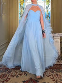 Chiffon Feather‑Trim Cape Evening Maxi Dress