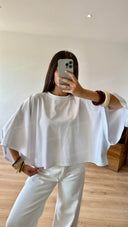 Casual Draped Top & Sculptural Wide Leg Jeans Set