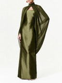 Elegant Satin Strapless Maxi Dress with Chiffon Cape
