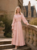 Pink Stripe Print Long Sleeve Waist Tie Maxi Shirt Dress