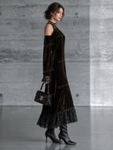 Asymmetric Off Shoulder Velvet Lace Maxi Dress