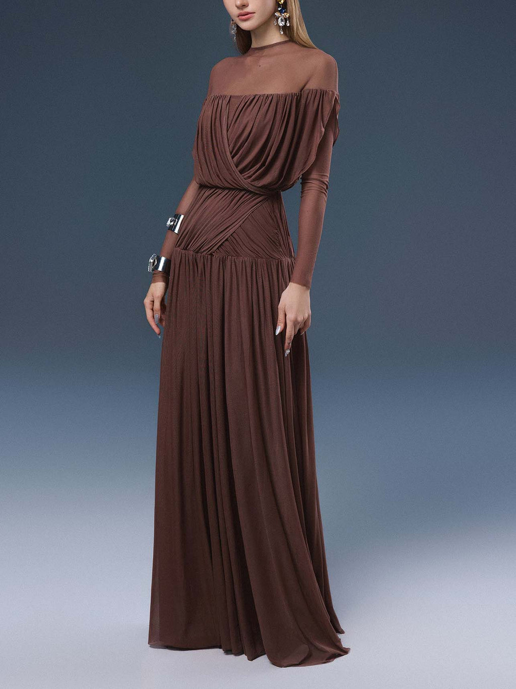 Elegant Ruched Draped Mesh Maxi Dress