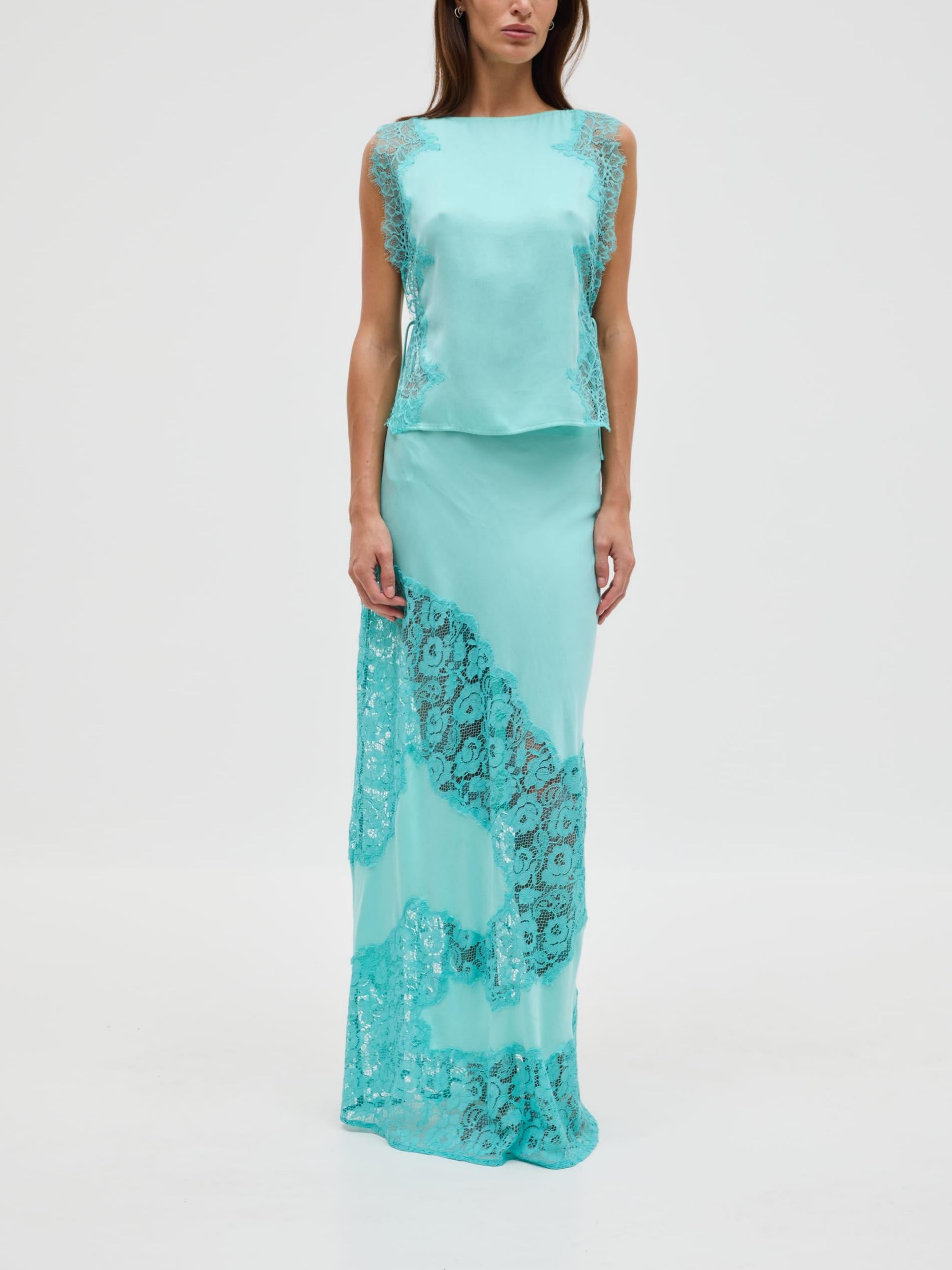 Elegant Lace Trim Sleeveless Satin Two-Piece Set