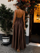 Elegant Beaded Halter Neck Flowy Maxi Dress
