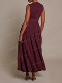 Elegant V-Neck Button-Front Pleated Maxi Dress