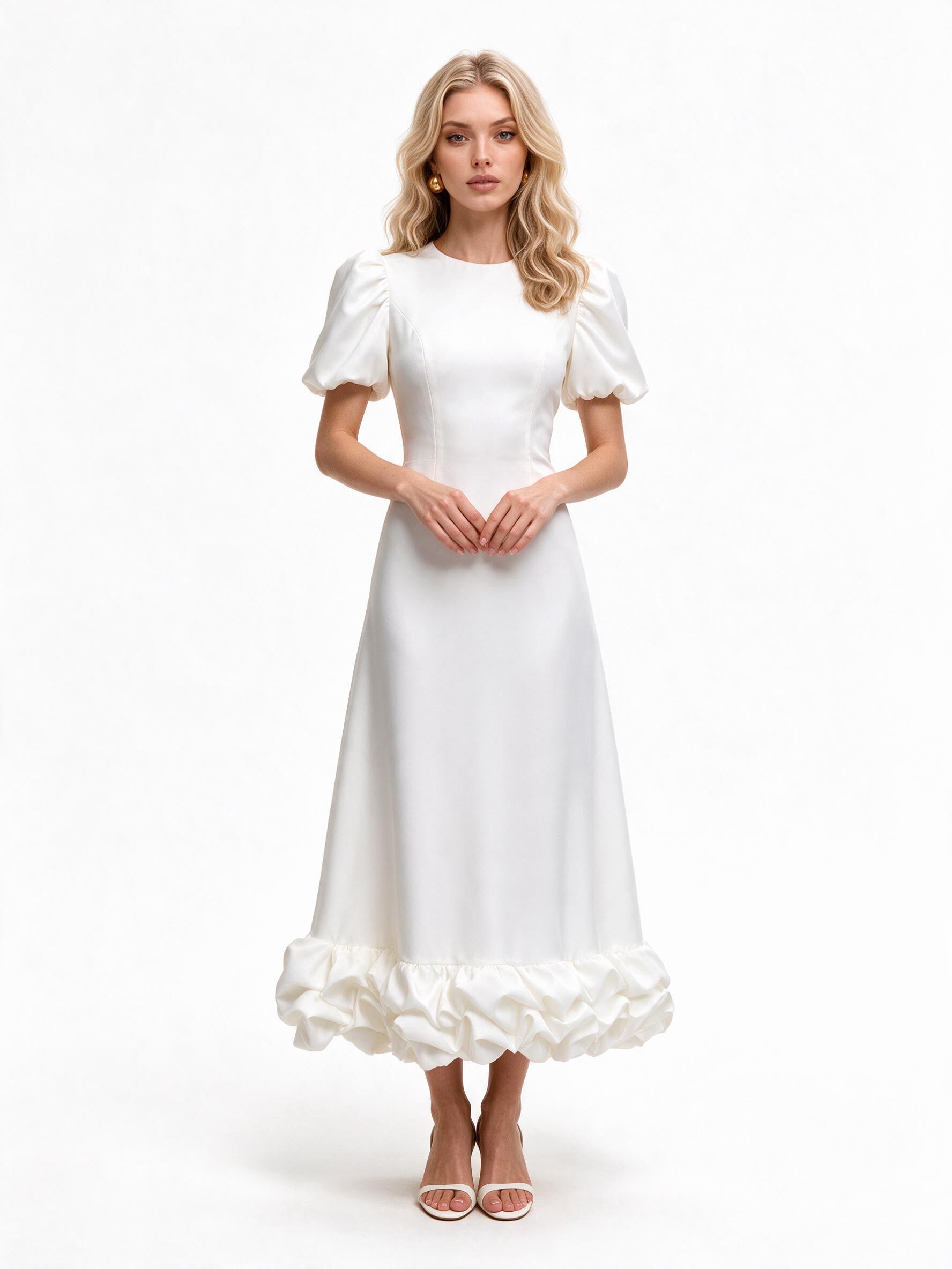 Elegant Puff Sleeve Ruffle Hem Maxi Dress