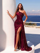 Elegant One-Shoulder Sequin Slit Evening Maxi Dress