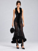 Sexy Feather Trim Sheer Ruched Maxi Dress