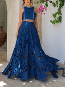 Elegant Floral Lace Cutout Crop Top & Skirt Two-Piece Set