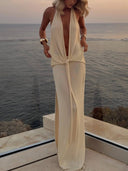 Deep V-neck Lace-up Side Slit Knitted Maxi Dress