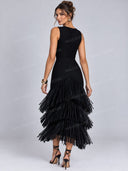 Elegant Ribbed Knit Top & Layered Fringe Midi Skirt Set
