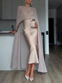 Elegant Satin and Sheer Chiffon Cape Maxi Dress