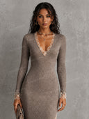 Sexy Lace Panel V-Neck Bodycon Maxi Dress