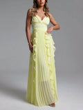 Elegant Spaghetti-Strap Ruffled Pleated Chiffon Maxi Dress