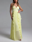 Elegant Spaghetti-Strap Ruffled Pleated Chiffon Maxi Dress