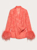 Elegant Feather Trim Jacquard Wrap Blouse & Pants Two-Piece Set