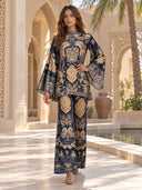 Retro Baroque Print High Neck Batwing Sleeve Two-Piece Set