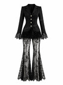 Elegant Lace Trim Blazer Top & Flared Lace Pants Two-Piece Set