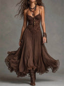 Sexy Lace V-Neck Ruffled Flowy Midi Dress