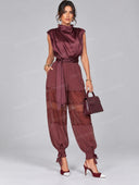Elegant Satin Mock Neck Top & Lace Panel Jogger Pants Set