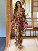 Retro Printed Flowing Bat Sleeve Maxi Dress