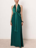 Elegant Halter Twist Front Satin Maxi Dress