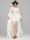 Asymmetric Lace Trim Fringe Maxi Dress