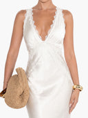 Exquisite Modern Day Glam Satin Lace Trim V-neck Cross Back Maxi Dress