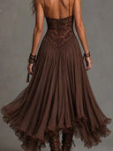 Sexy Lace V-Neck Ruffled Flowy Midi Dress