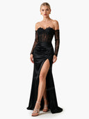 Elegant Satin Off-Shoulder Lace Corset Maxi Dress
