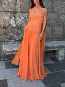 Elegant Lace Bodice Tie-Shoulder Chiffon Maxi Dress