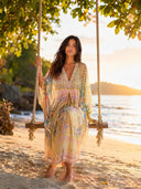 Retro Colorful Floral Print Silk-Feel Kaftan Maxi Dress