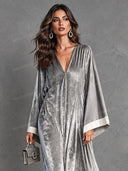 Contrast Fringe Velvet V-Neck Kaftan Midi Dress
