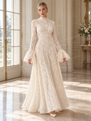 Elegant High Neck Floral Lace Flare Sleeve Maxi Dress