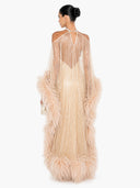 Luxury Sequined Feather Trim Cape Sleeve Maxi Dress