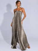 Elegant Strapless Sequin Pleated Maxi Dress