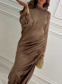 Elegant Asymmetric Sleeve Ruched Satin Maxi Dress