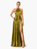 Elegant Metallic Pleated Halter Neck Maxi Dress