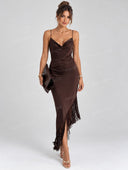 Elegant Cowl Neck Fringe Asymmetric Maxi Dress