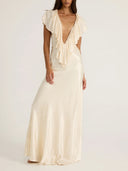 Elegant Plunge V-Neck Ruffle Satin Maxi Dress