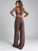 Tailored Blazer Vest Mesh Bodysuit Wide Leg Pants Three Piece Set