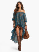 Bohemian Off-Shoulder Ruffled Sheer High-Low Midi Dress