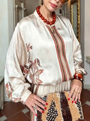 Retro Floral Print Satin Blouse & Wide-Leg Pants Two-Piece Set