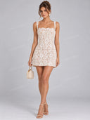 Elegant Floral Lace Square Neck Mini Dress