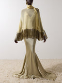 Elegant Fringe Shawl Top & Satin Maxi Skirt Three-Piece Set