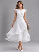 Elegant Organza Pleated Waist Ruffle Midi Dress