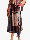 Retro Patchwork Print Shirt & Midi Skirt Two-Piece Set