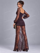 Elegant Lace Sleeve Top & Sheer Lace Maxi Skirt Two Piece Set