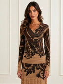 Retro Paisley Print V-Neck Knit Top & Maxi Skirt Two-Piece Set