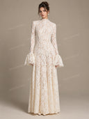 Elegant High Neck Floral Lace Flare Sleeve Maxi Dress